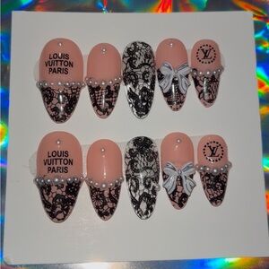 10 PC Hand Crafted Lace French Almond Nails NWT